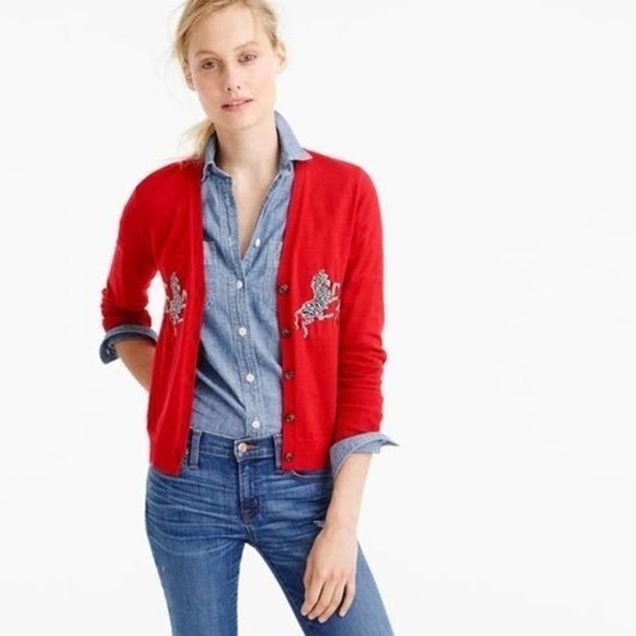 J. Crew Sweaters - NWT J. Crew Merino Wool V-Neck Cardigan Medium Red Embroidered Zebra #7596